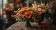 © TheWaterMeloonProjec - Vibrant autumn bouquet featuring orange and red flowers in a floral shop setting