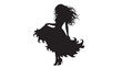 © TAIFUR - Woman silhouette dancing in flowing dress with windblown hair, elegant female figure pose, black cutout style icon isolated on white background for design