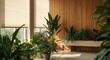 © Holo Frame - Interior space with large motorized roller window shades, wooden panels on the wall, and fresh green plants