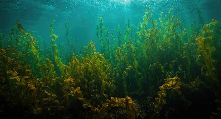  Natural underwater forest scene with abundant and colorful seaweed
