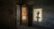 © NeuralNiche - Interior with peeling walls, open rusty door, and a silhouetted hand shadow