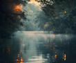 © Khawaja - A serene lake surrounded by trees and fireflies at dusk