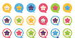 © ocarttt - A collection of 18 colorful cartoon star icons with happy faces inside speech bubble shapes.