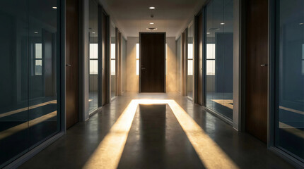  Sunlit office hallway with glass partition walls and a central door, dramatic long shadows