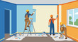 © Sophia - Team of three professional painters in hard hats working together to paint the interior walls of a room with rollers and brushes during a home renovation