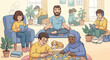 © Rina - Family enjoying leisure time at home: meditation, reading, and puzzles