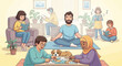 © Rina - Family enjoying leisure time at home: reading, meditating, and playing games