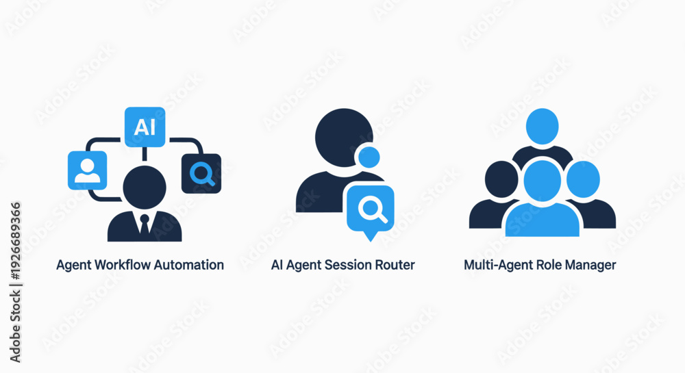 AI agent icons for workflow automation, session routing, and multi ...