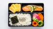 © tmfadhil - Delicious and balanced Japanese bento box featuring perfectly grilled salmon, fluffy rice, tamagoyaki, and colorful pickled vegetables, offering a healthy and convenient meal solution