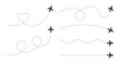 © create - Airplane route icons with dotted flight paths. Flying plane silhouettes showing curved, looped, straight, wave and heart-shaped dashed travel routes. Aviation journey path set, vector