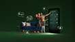 © master1305 - Modern artwork family using smart home control app on large mobile interface. Concept of smart home subscription service, integrated security and climate management, telecom bundle promotion campaign.