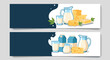 © Marco - Set of horizontal banners showcases various dairy products including milk jugs cheese wedges butter and fresh milk cartons.