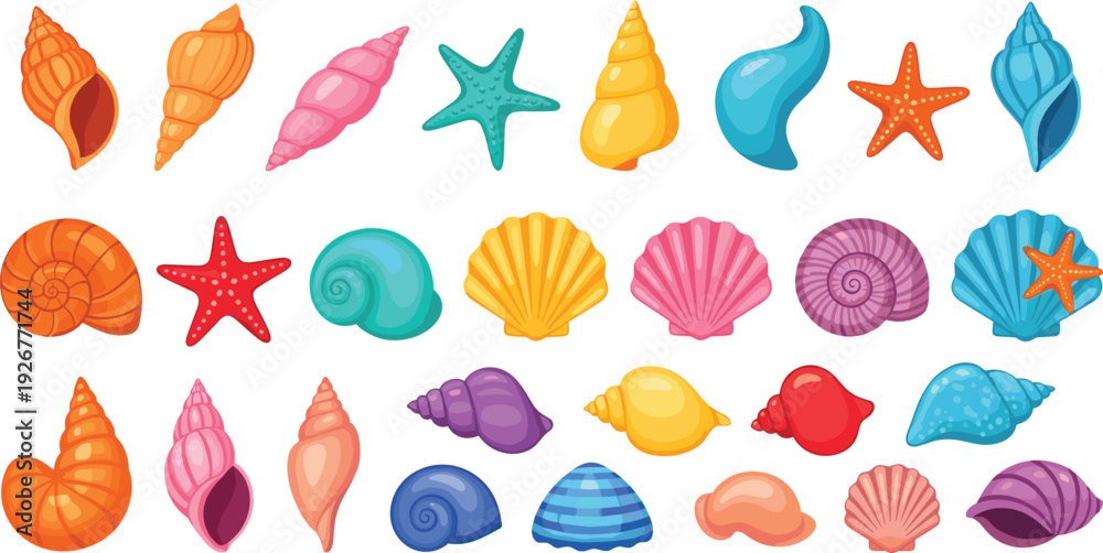 Colorful Seashell and Starfish Vector Set Featuring Tropical Ocean ...