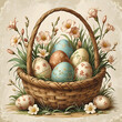 © Tetiana - Wicker basket filled with decorated easter eggs and delicate spring flowers on a neutral background, vintage art.