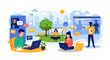 © Hujat - Diverse people working remotely in a park with laptops and video calls concept of digital nomad lifestyle and connection flat vector illustration