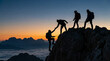 © Saeed - Silhouette of a team of mountaineers ascending a rocky peak at sunset with one person offering a helping hand symbolizing teamwork support and overcoming challenges