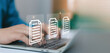 © ภัทรชัย รัตนชัยวงค์ - Business professional typing on laptop with digital document management interface, online file storage, data organization system, cloud technology, and paperless office workflow concept.