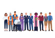 © MSTRIMA - Illustration of a diverse group of professionals, including a person in a wheelchair, stand together in a line