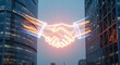 © Ai World - A glowing handshake between two business partners in a modern cityscape at dusk