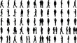 © Md - People silhouettes collection with men and women walking standing talking and meeting poses, black human interaction figures isolated on white