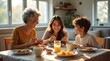 © Nathan - A joyful family gathering with a grandmother, mother, and son sharing a meal and laughter at a sunlit table.