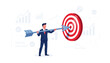 © lucky - Businessman in a Suit Holding a Large Arrow and Hitting the Center of a Red Target Bullseye, Representing Goal Achievement, Success, Mission, Challenge, Task Solution, and Business Growth Strategy