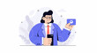 © mario - Cartoon person in a blue suit with a red tie holds a phone and a card