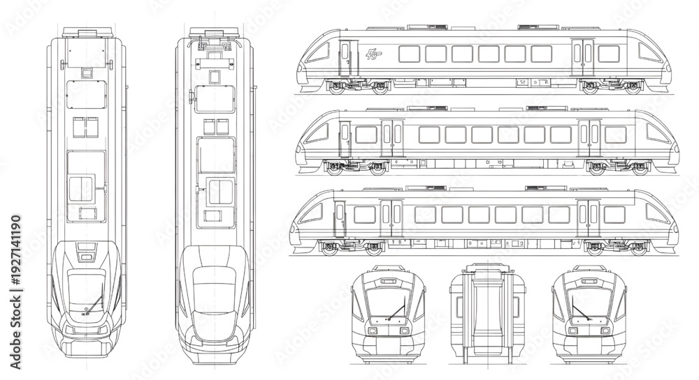 Tech Drawing Train Modern Train AutoCAD Blueprint Vector – Multi-View Railway Car ...