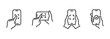 © Adit - QR code scanner icon set. Hand holding mobile phone symbol. Simple line icon style, barcode scanner for payment. Illustration.