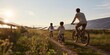 © fotofabrika - Family rides bicycles near solar panels in the afternoon sun along a dirt path