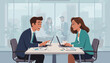 © MDAbdul - Vector illustration of a productive business dialogue between a man and a woman in a modern corporate office setting, featuring professional communication, teamwork, and collaborative workspace.