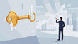 © Shahid - Businessman looking at a giant golden key embedded in a wall, symbolizing the secret of success, business opportunity, and unlocking a bright future with growth charts and city skyline.