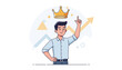 © sadia - Vector Illustration of a Confident Man with a Golden Crown Above His Head Pointing Upwards, Symbolizing Positive Self-Esteem, Success, Leadership, Personal Growth, and Business Achievement.