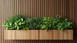 © Honey - A wooden planter box filled with lush greenery against a brown wooden slat wall