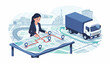© Uzair - Businesswoman Planning Delivery Route on City Map with Pins and Cargo Truck, Concept of Logistics Management, Supply Chain Optimization, Global Transportation, and Freight Shipment Services.