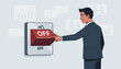 © Ariful - Businessman in a Professional Suit Pressing a Large Red Switch to the Off Position, Conceptual Illustration for Business Shutdown, Bankruptcy, Energy Saving, Powering Down, or Stopping Operations.
