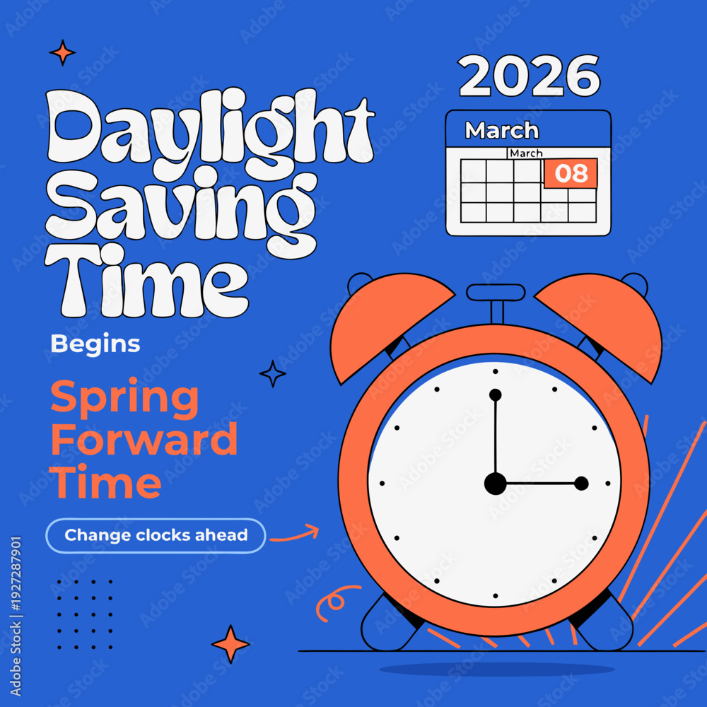 Daylight Saving Time Begins 2026 concept banner. Vector illustration of ...