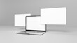 © AlexPhotoStock - Three laptop screens for mockup. Floating displays in perspective. Blank template for place your web page design, posts and carousels. Ready for mock up. 3D Rendering High resolution 8k.