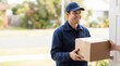 © Stitch - Friendly courier delivering a package to a customer's front door