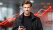 © NovaVision - Confident businessman holding smartphone with rising stock market graph in background