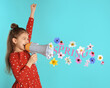© New Africa - Hello Spring. Little girl using loudspeaker on light blue background. Flowers flying out of device