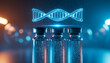 © Lumora Studio - A glowing DNA double helix above three sparkling medical vials in a laboratory setting