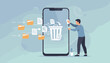 © JohnLester - Man cleaning smartphone by deleting unnecessary files and folders into a trash bin icon. Concept of digital decluttering, storage optimization, mobile data management, and device maintenance.