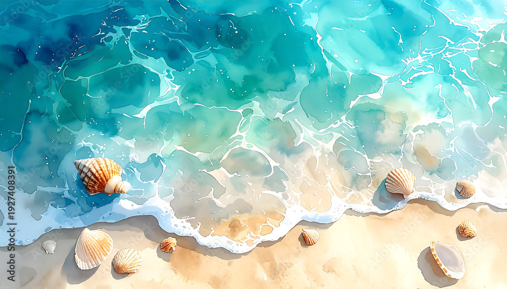 波打ち際の貝の水彩イラスト_generated by AI Stock Illustration