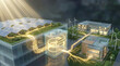 © Tonton1541 - off grid microgrid solution concept. Futuristic energy storage hub powered by solar panels and wind turbines.