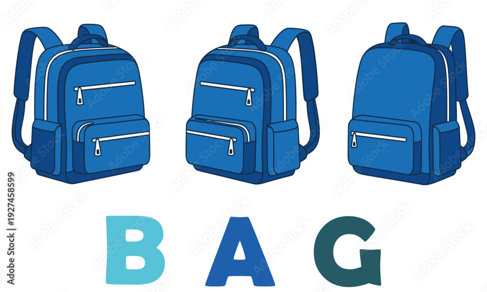 School Backpacks Shown from Multiple Angles Including Front Side and ...