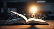 © RATUL HASAN - Glowing light bulb rising from open book with floating scientific and mechanical research diagrams