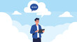 © Nellie - Young man using a digital tablet while standing among fluffy white clouds with a thought bubble above him representing innovation.