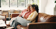 © OnPoint/peopleimages.com - Smile, tablet or visit with old woman and daughter on sofa in home together for bonding or love. App, family or scrolling with adult child and senior parent in living room of apartment for retirement
