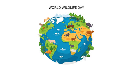  Illustration of Earth celebrating World Wildlife Day with diverse wildlife and greenery, promoting biodiversity protection and environmental awareness.